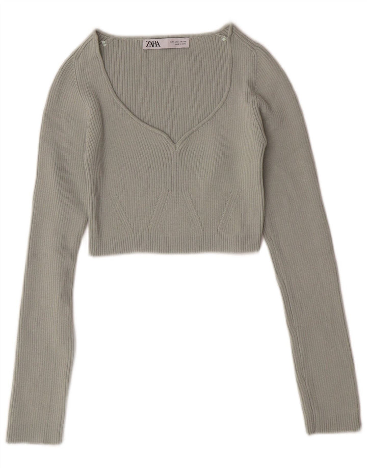 ZARA ženski kratki džemper s V-izrezom UK 8 Mali zeleni poliester