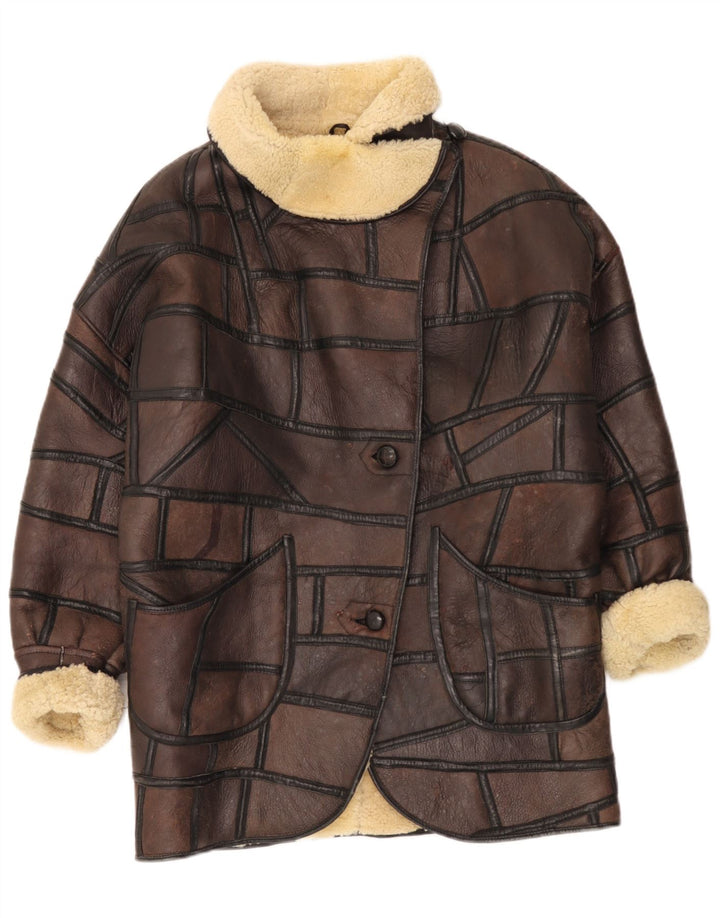 Vintage ženski kaput od šišanih šiša UK 18 XL smeđi patchwork