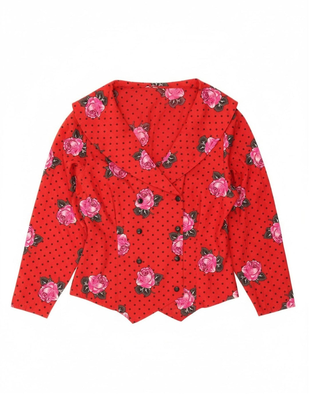 Vintage ženska košulja bluza UK 14 Srednje crveni cvjetni poliester