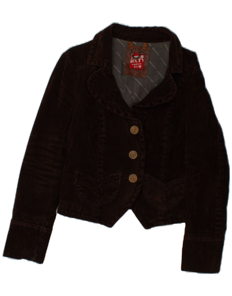 MISS SIXTY Womens Crop 3 Button Blazer Jacket UK 12 Medium Brown Cotton Vintage Miss Sixty and Second-Hand Miss Sixty from Messina Hembry 