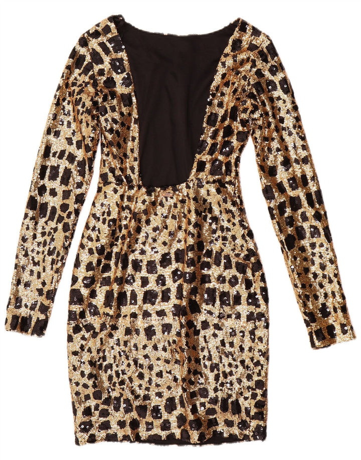 GUESS Ženska haljina s dugim rukavima i šljokicama uz kroj UK 6 XS zlatne geometrije