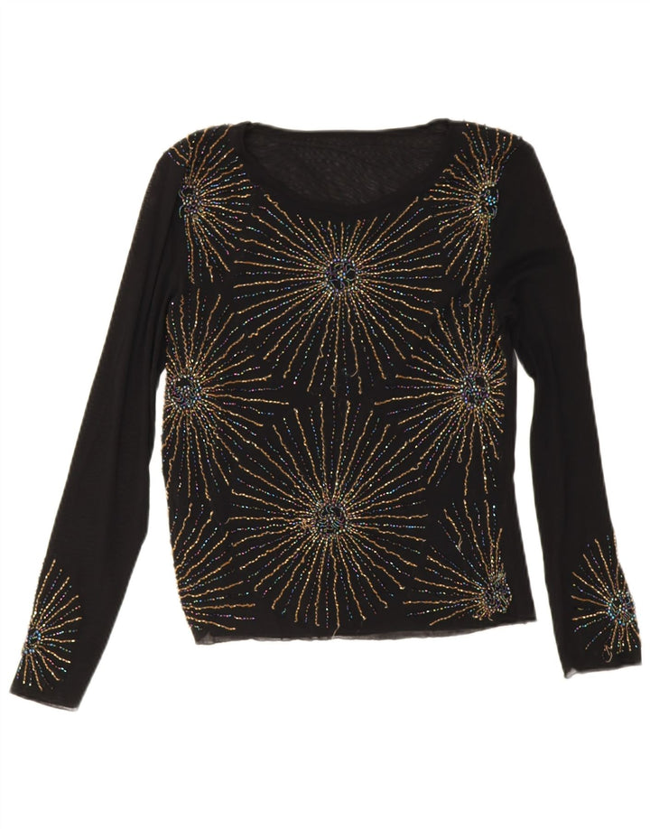 Vintage ženska majica dugih rukava UK 10 Mala crna cvjetna viskoza