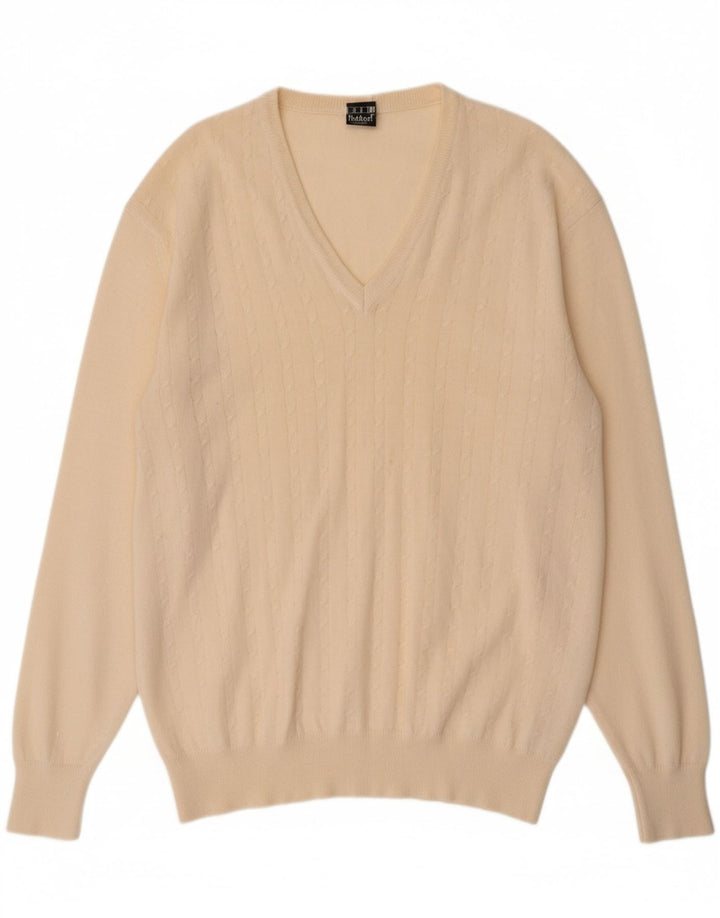 VINTAGE Mens V-Neck Jumper Sweater Large Off White