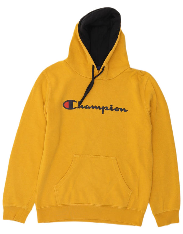 CHAMPION Mens Graphic Hoodie Jumper Small Yellow Cotton