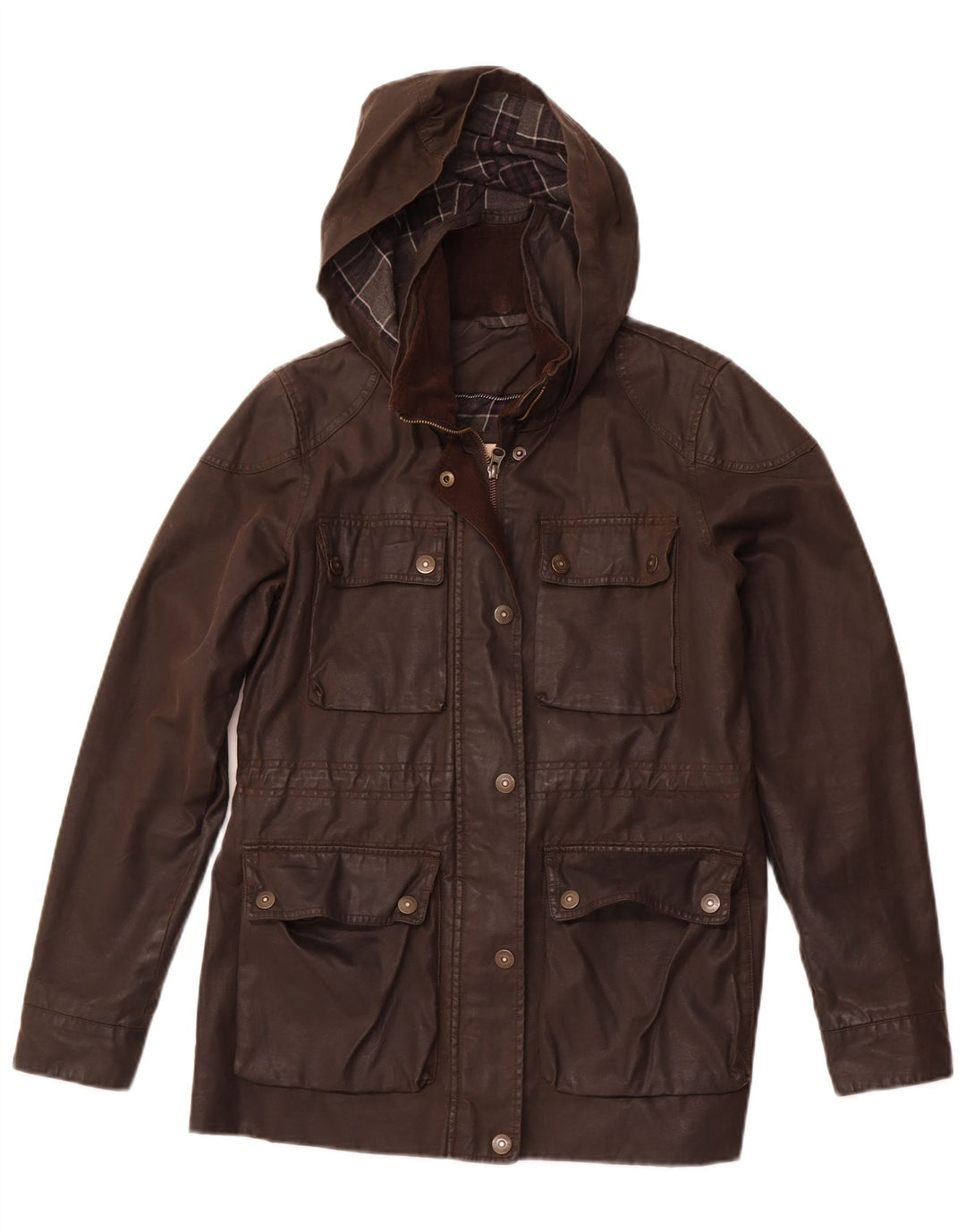 FAT FACE Womens Hooded Waxed Cotton Jacket UK 10 Small Brown Cotton