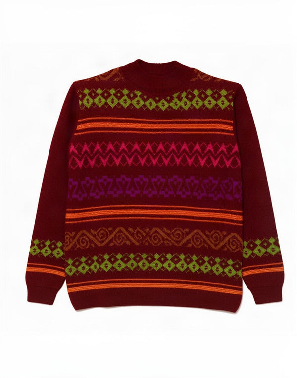 Benetton ženski džemper s kornjačevim ovratnikom UK 16 Large Burgundy Fair Isle