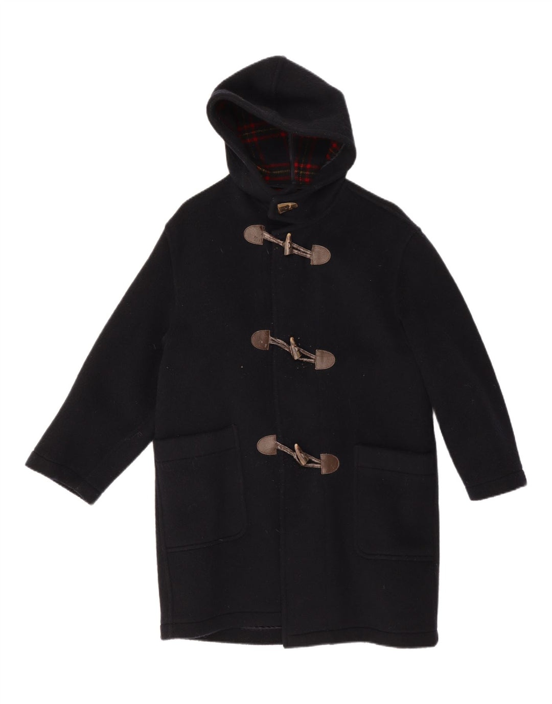 Vintage muški duffle kaput s kapuljačom UK 38 srednje tamnoplava djevičanska vuna