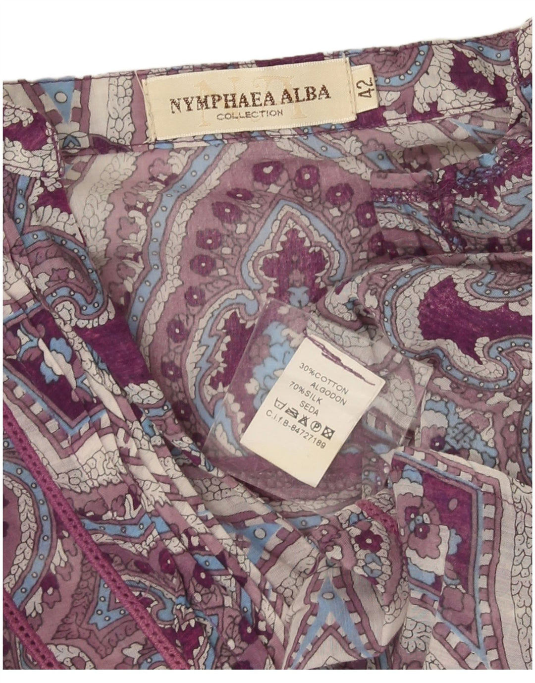 Nymphaea Alba Ženska majica s tunikom dugih rukava IT 42 Srednje ljubičasta svilena paisley boja
