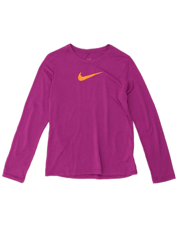 Nike Girls Dri Fit Graphic Top Long Sleeve 12-13 Years Large Purple