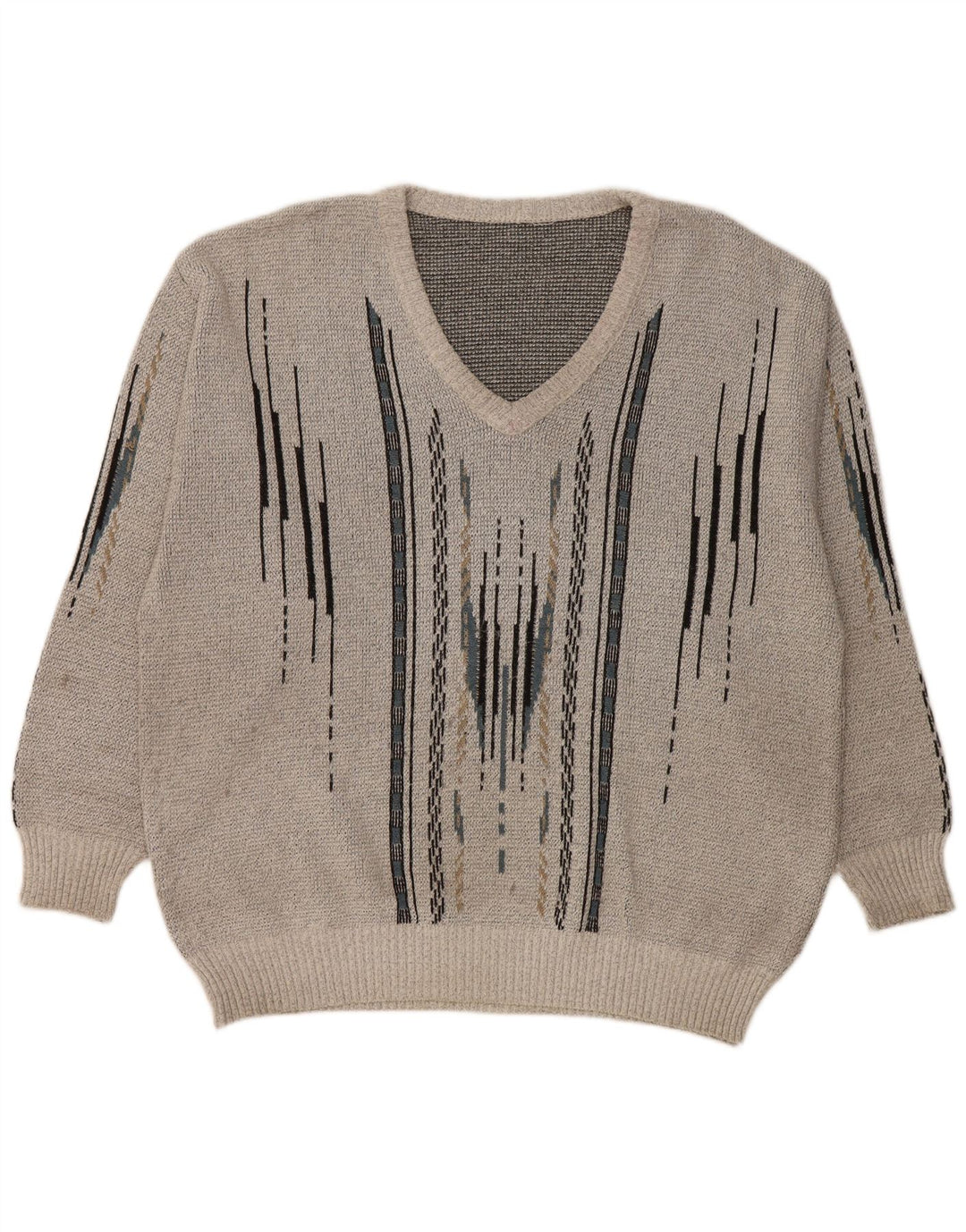 VINTAGE muški pulover s V-izrezom, veliki sivi geometrijski