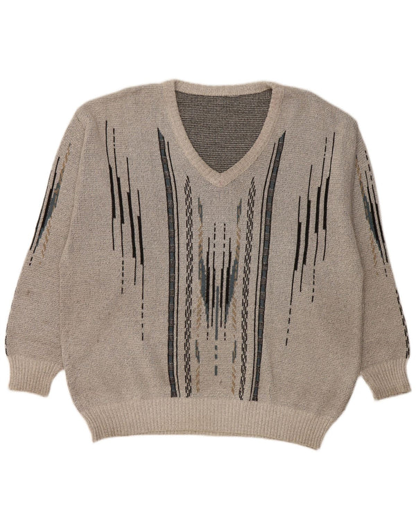 VINTAGE muški pulover s V-izrezom, veliki sivi geometrijski