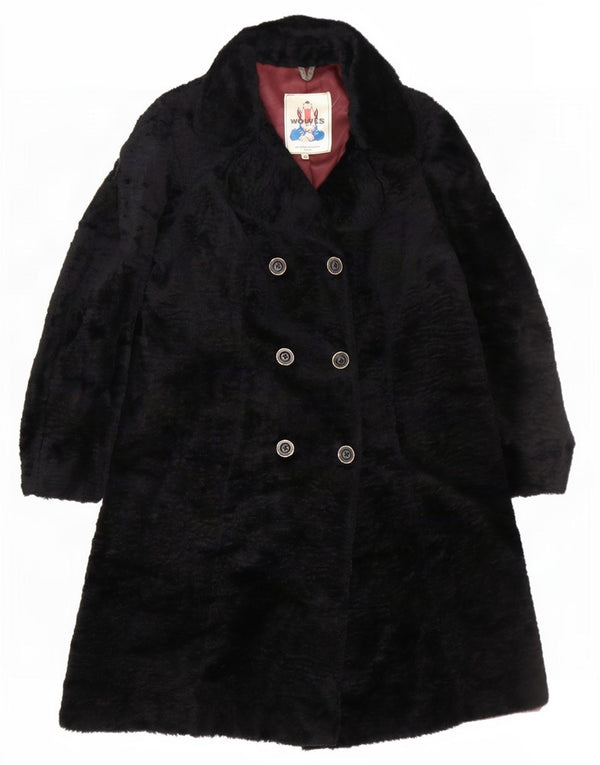 Vintage ženski kaput s dvorednim kopčanjem od umjetnog krzna IT 48 XL crni