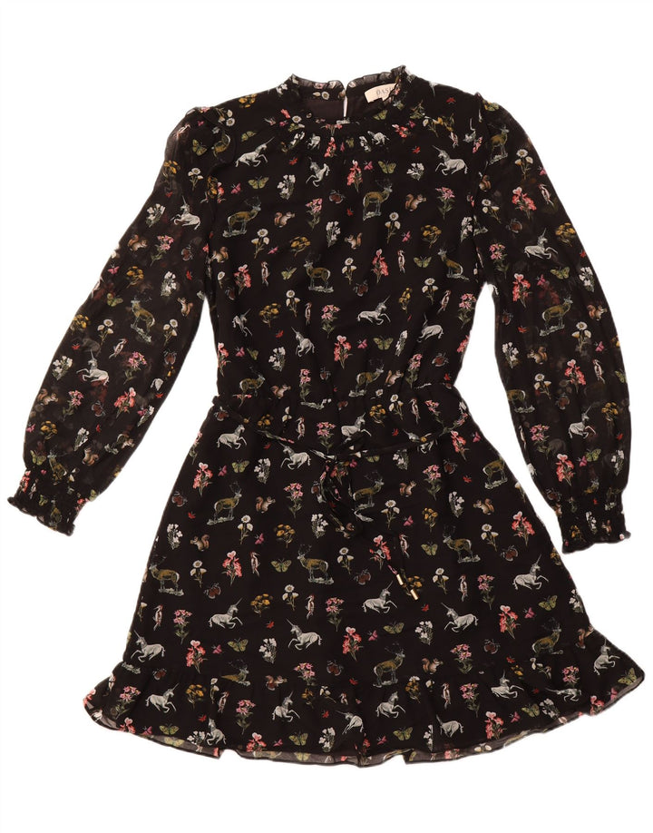 OASIS Ženska haljina A-kroja dugih rukava UK 12 Srednje crna cvjetna poliesterska haljina