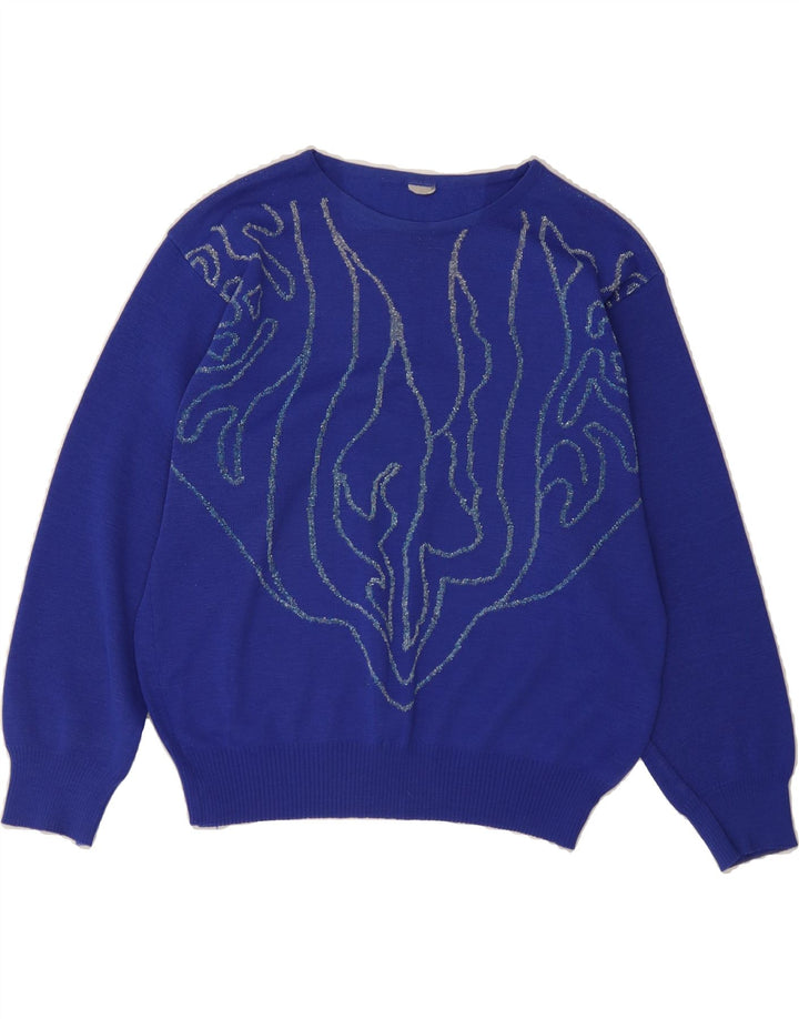 VINTAGE Womens Abstract Pattern Boat Neck Jumper Sweater UK 16 Large Blue Vintage Vintage and Second-Hand Vintage from Messina Hembry 