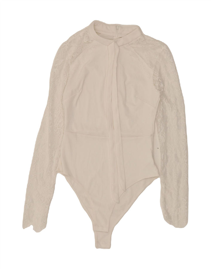 VINTAGE Womens Front Tie Bodysuit UK 12 Medium White Polyester Vintage Vintage and Second-Hand Vintage from Messina Hembry 