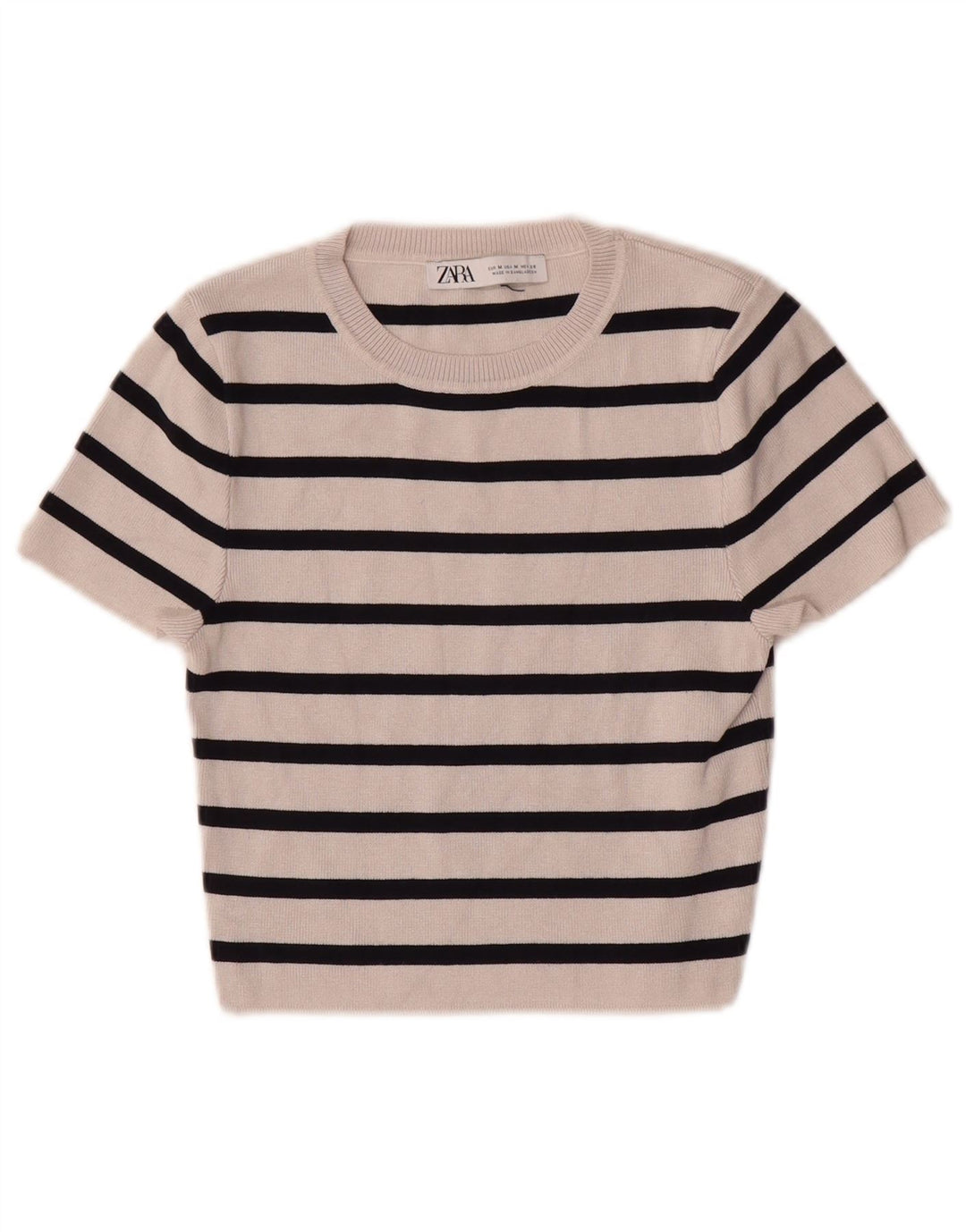 ZARA Womens Knit Crop Top UK 12 Medium Beige Striped Viscose