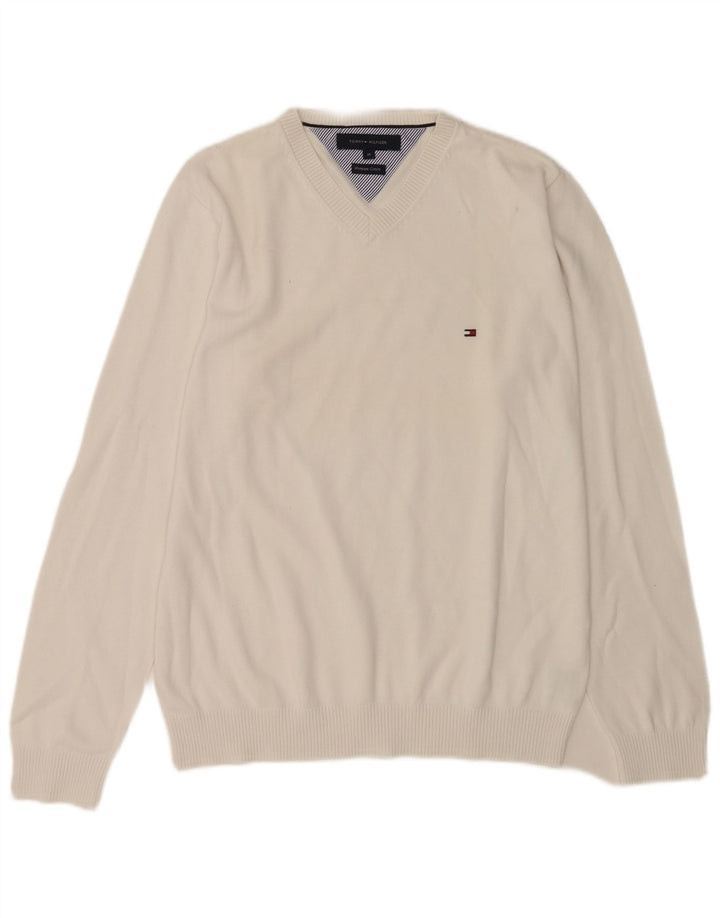 Tommy Hilfiger muški džemper s V-izrezom Srednje bijeli pamuk