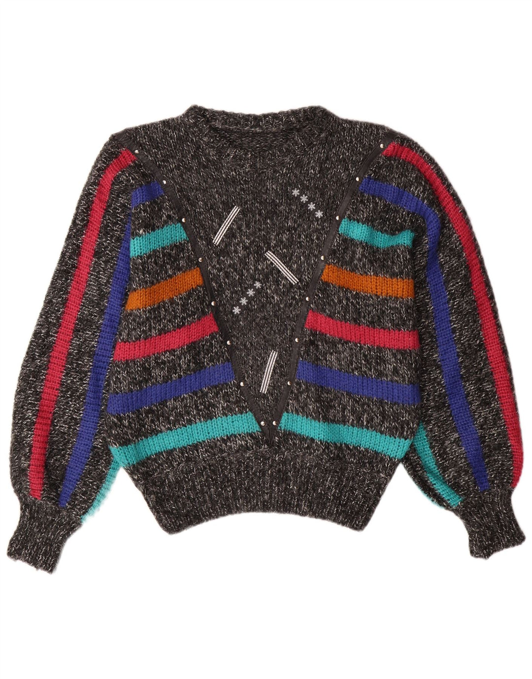 VINTAGE ženski džemper s okruglim izrezom u obliku šišmiša UK 14 srednje sive pruge