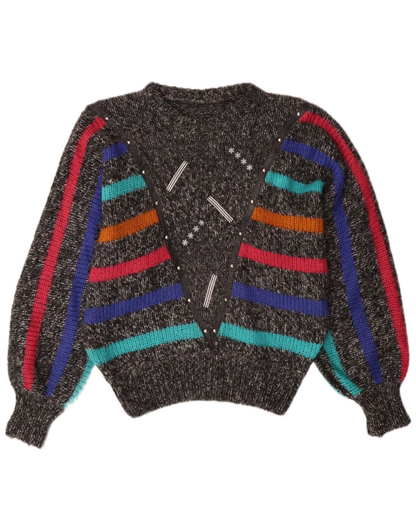 VINTAGE ženski džemper s okruglim izrezom u obliku šišmiša UK 14 srednje sive pruge