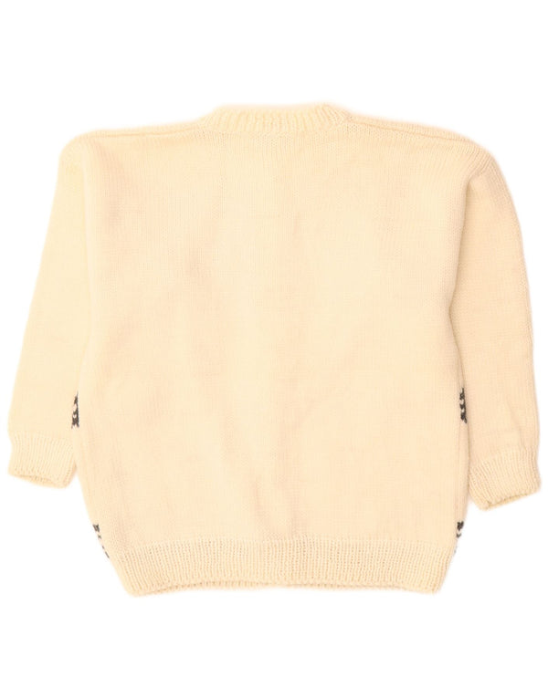 VINTAGE Ženski grafički kardigan džemper UK 16 Velika prljavo bijela vuna