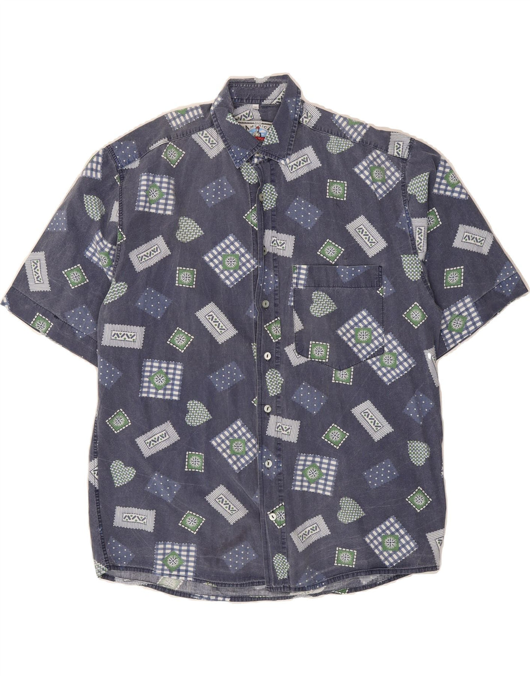 VINTAGE Mens Short Sleeve Shirt Medium Blue Patchwork Vintage Vintage and Second-Hand Vintage from Messina Hembry 