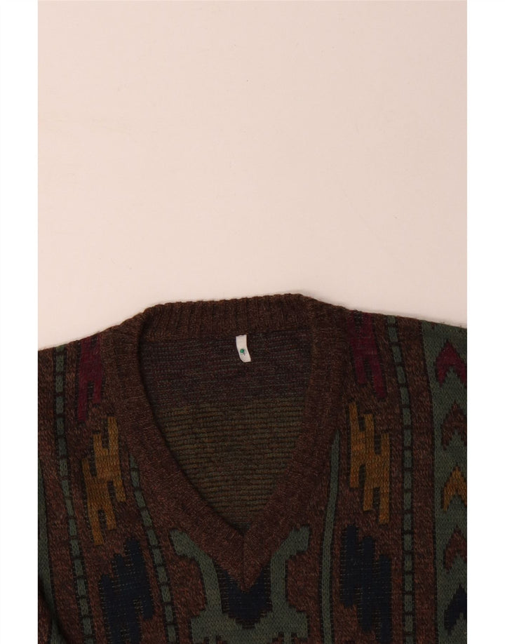 VINTAGE muški džemper s V-izrezom IT 50 srednje smeđe geometrijske boje