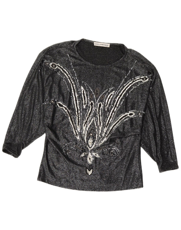 VINTAGE ženski gornji dio bluze dugih rukava IT 42 Srednje crna cvjetna viskoza