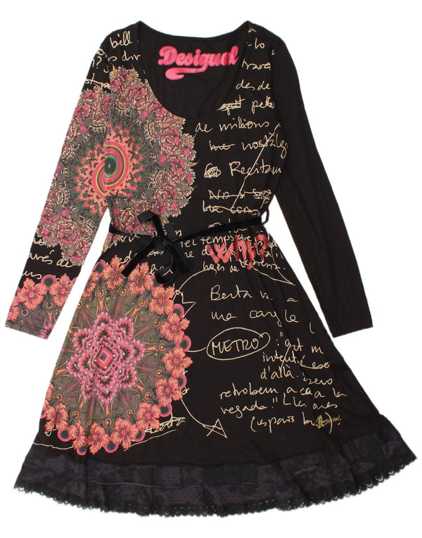 Desigual ženska grafička haljina A-kroja dugih rukava UK 14 Veliki crni paisley