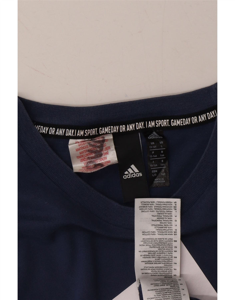 ADIDAS Boys Graphic T-Shirt Top 13-14 Years Navy Blue Cotton Vintage Adidas and Second-Hand Adidas from Messina Hembry 