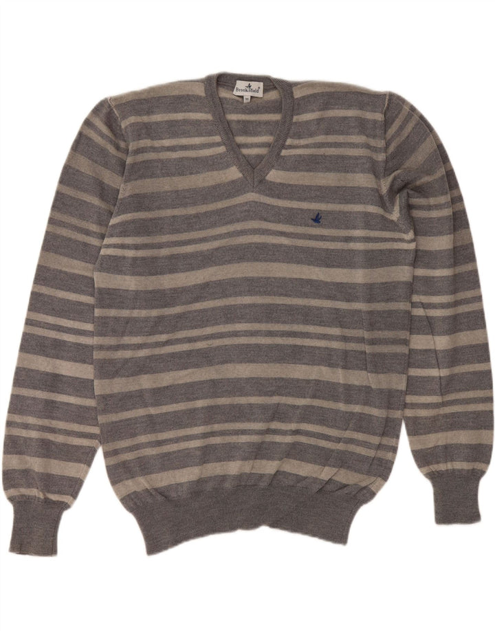 BROOKSFIELD Mens V-Neck Jumper Sweater IT 50 Medium Grey Striped Wool Vintage Brooksfield and Second-Hand Brooksfield from Messina Hembry 