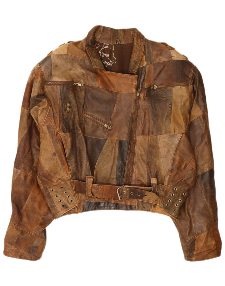 Vintage ženska bomber kožna jakna UK 16 Veliki smeđi patchwork