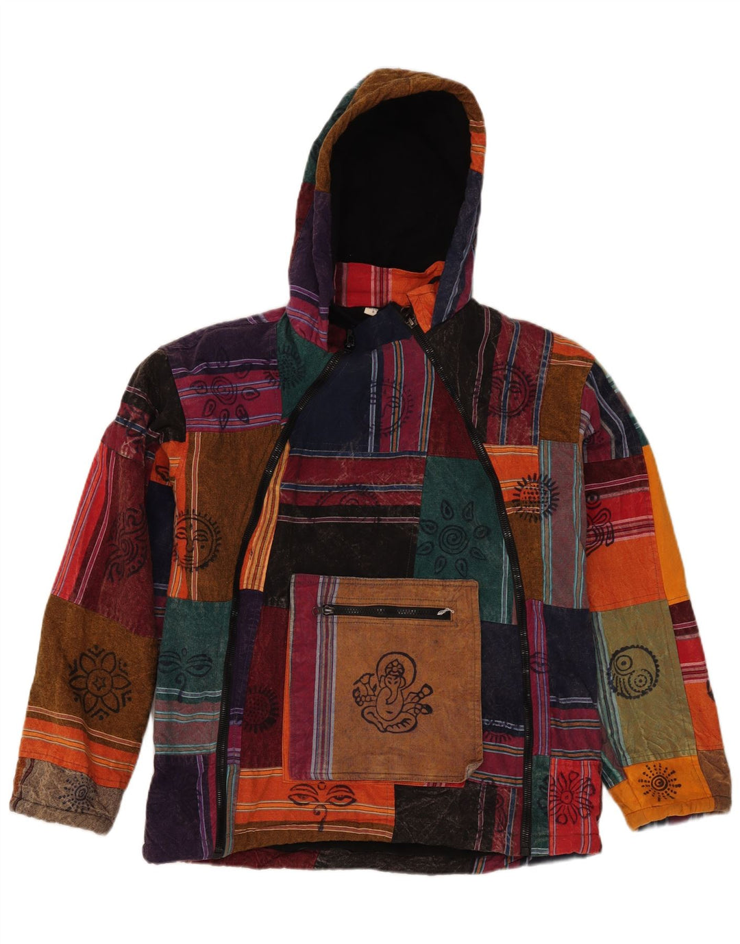 Vintage muška anorak jakna s kapuljačom UK 36 Mala raznobojna patchwork Aztec