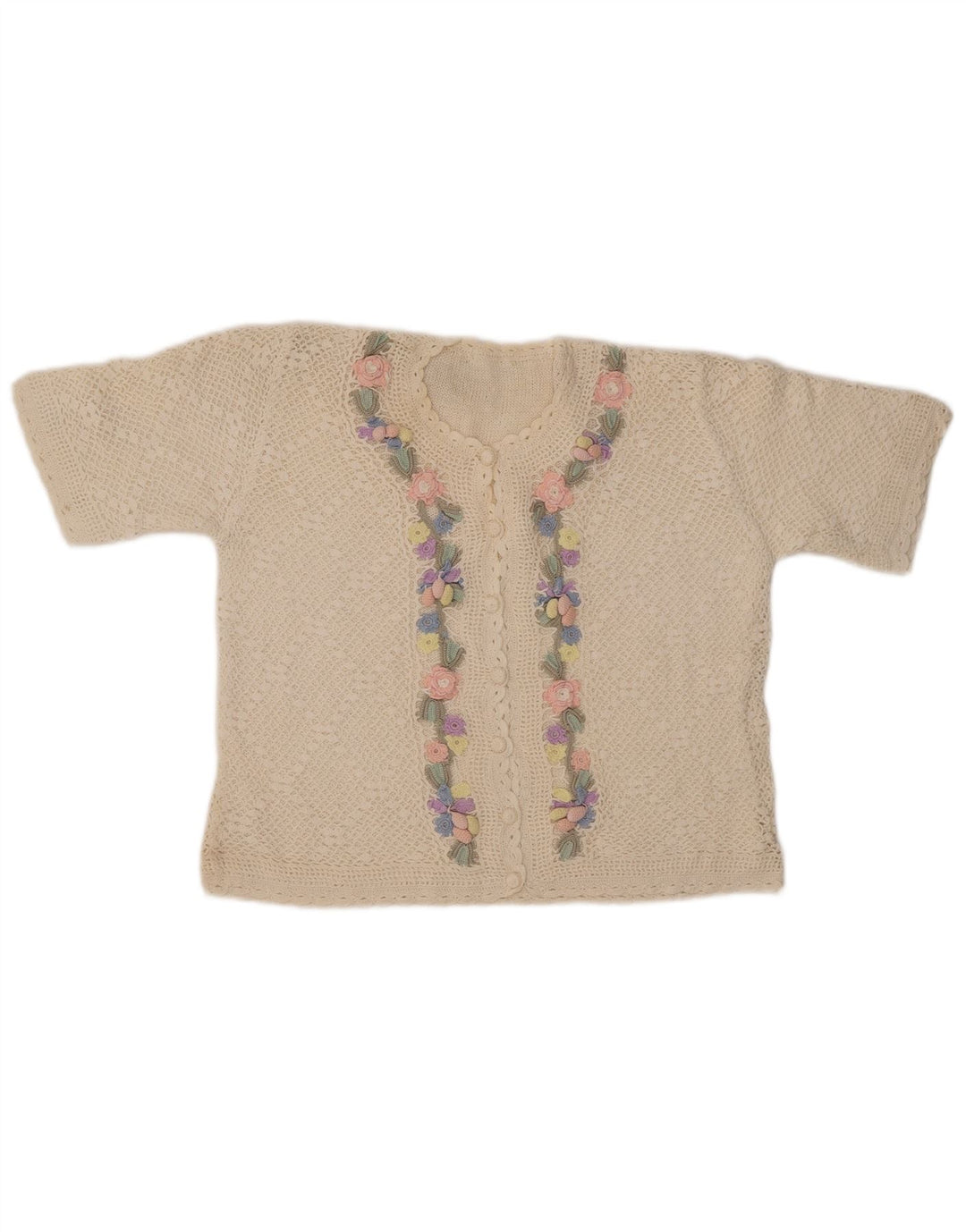 VINTAGE ženski kardigan džemper kratkih rukava UK 14 srednje bijele cvjetne boje