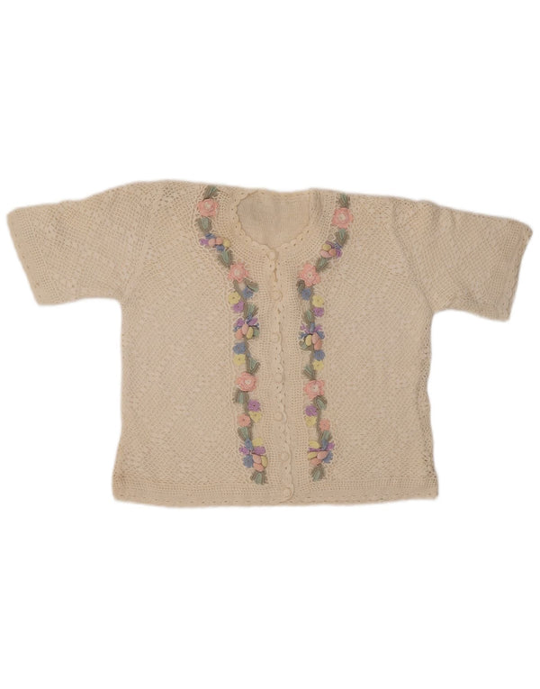 VINTAGE ženski kardigan džemper kratkih rukava UK 14 srednje bijele cvjetne boje