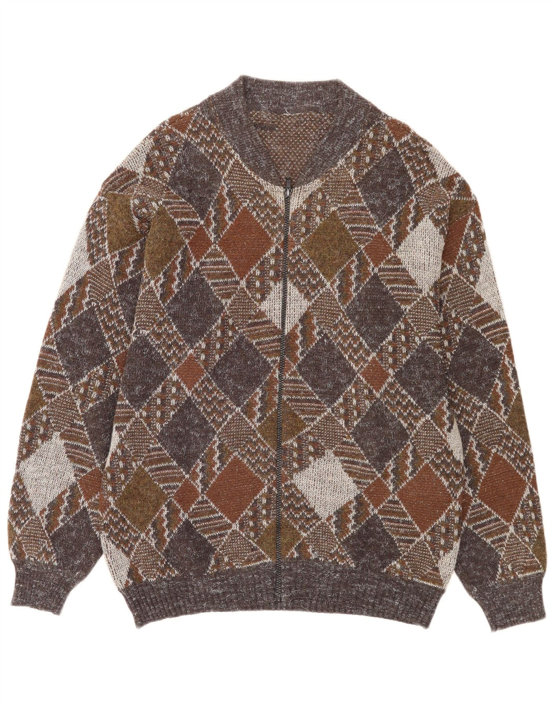 Vintage muški kardigan pulover s punim patentnim zatvaračem Srednje raznobojni Argyle/Diamond