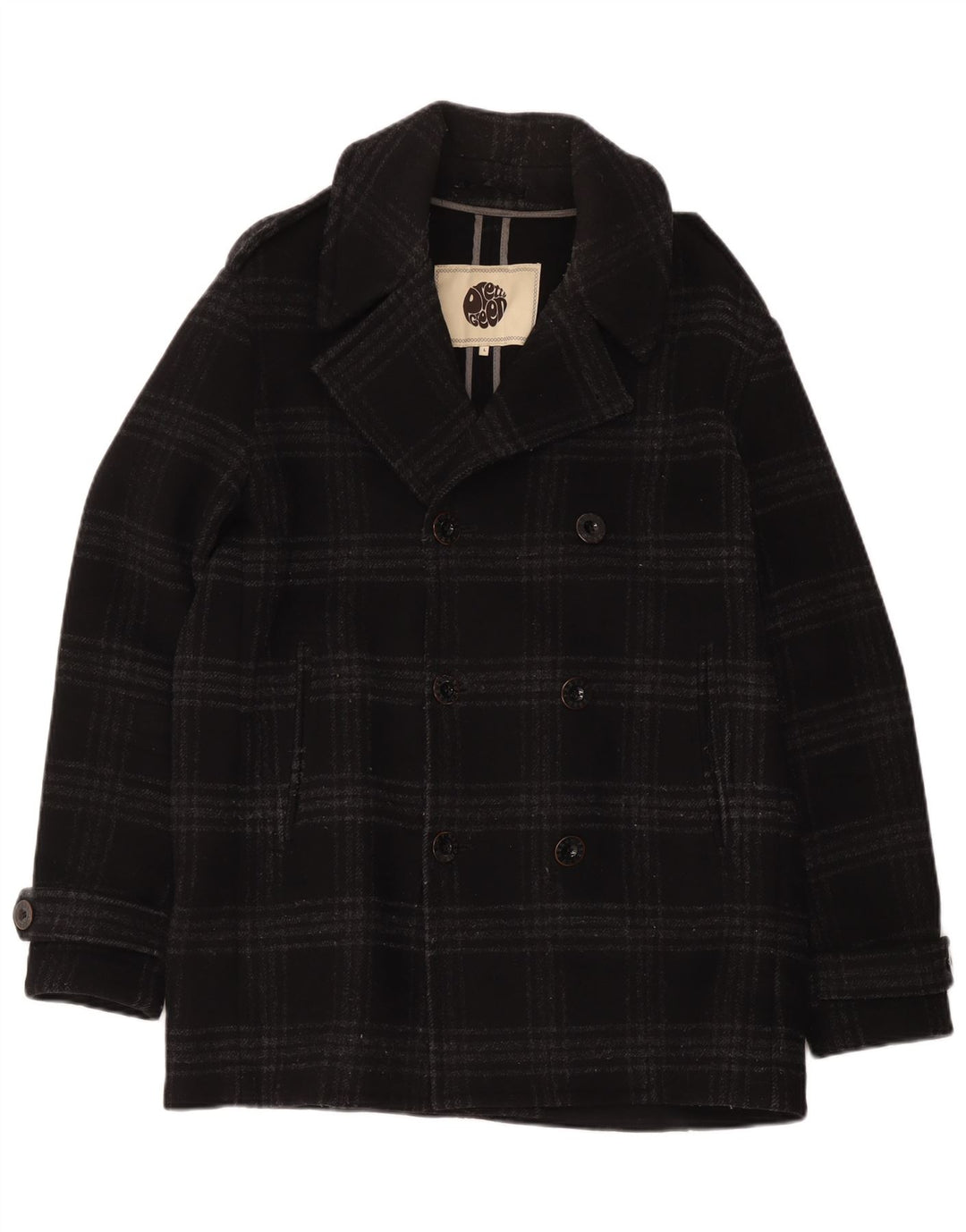 Pretty Green Muški Pea Coat UK 40 Veliki crni karirani vuneni