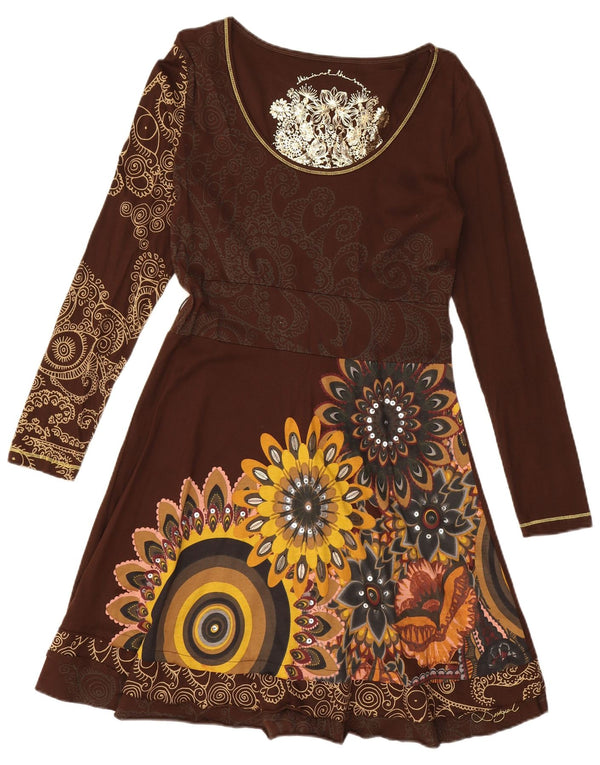 DESIGUAL Womens Long Sleeve A-Line Dress UK 14 Large Brown Floral Cotton