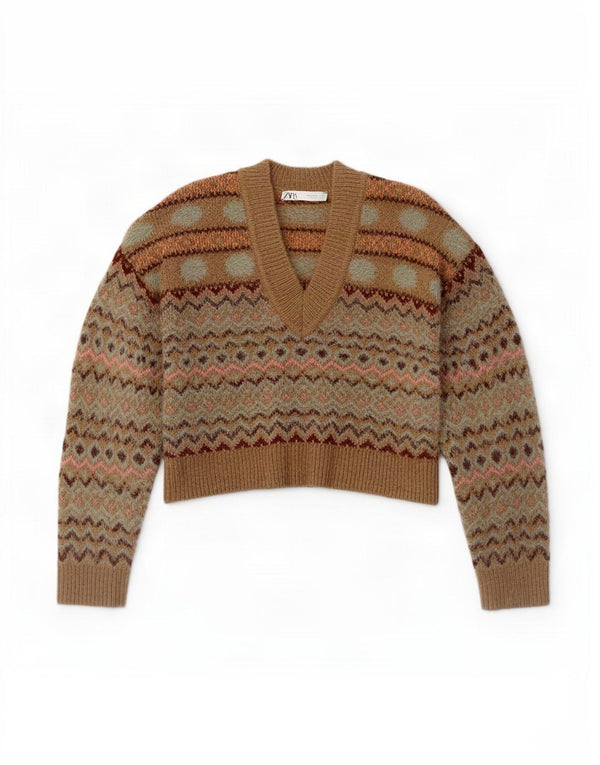 Zara ženski kratki džemper s V-izrezom UK 14 srednje bež boje Fair Isle