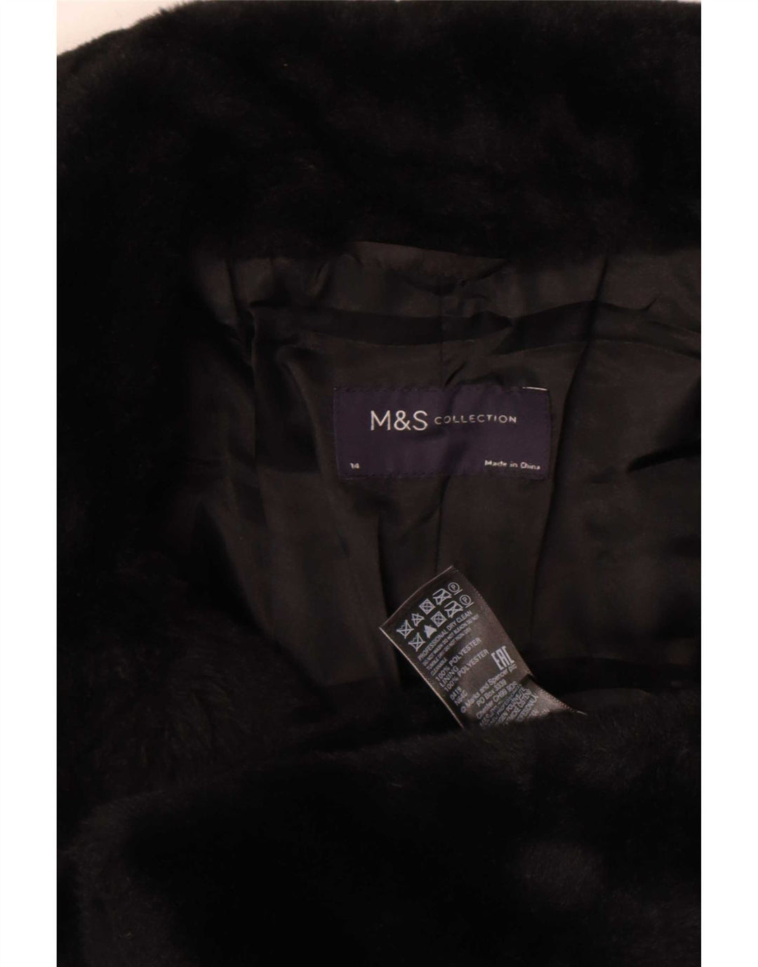 Marks & Spencer ženska jakna od umjetnog krzna UK 14 srednji crni poliester