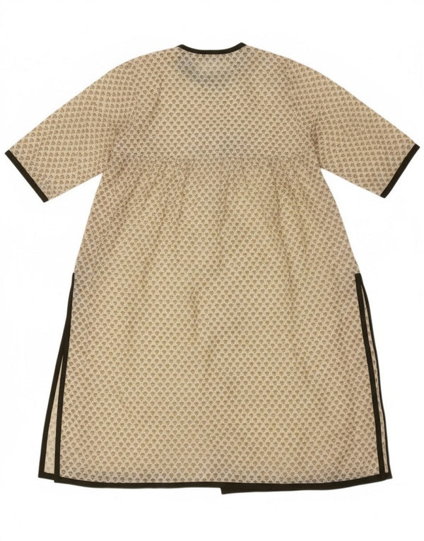 Vintage ženska maksi haljina dugih rukava UK 14 Velika bež cvjetna svila