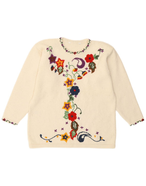 Vintage ženski džemper s okruglim izrezom UK 16 Veliki prljavo bijeli cvjetni