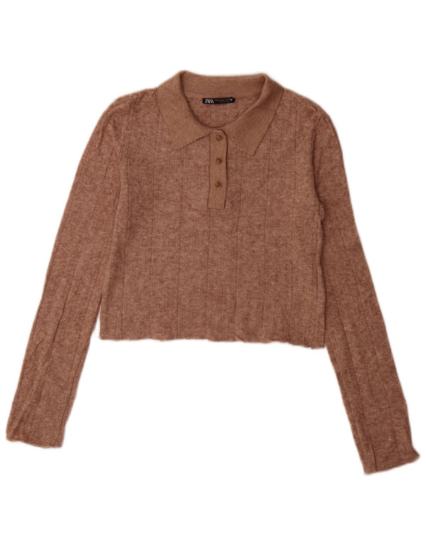 Zara ženski kratki pulover s polo izrezom UK 10 Small Brown