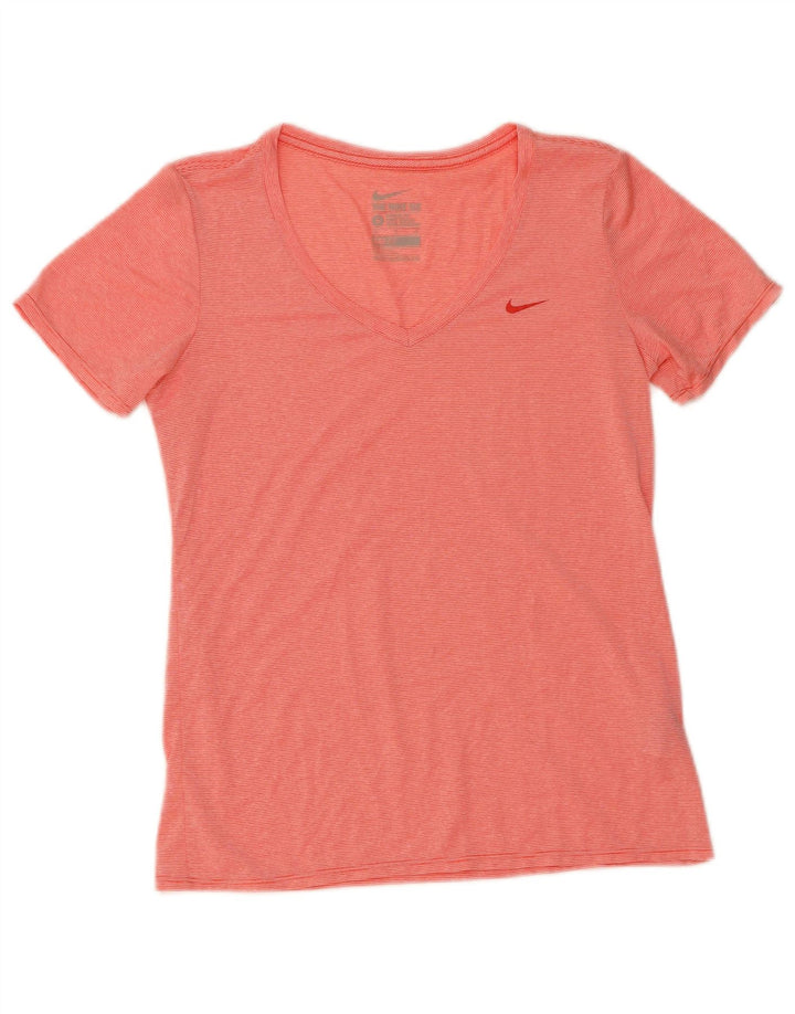 NIKE Womens Dri Fit T-Shirt Top UK 12 Medium Red Pinstripe Polyester