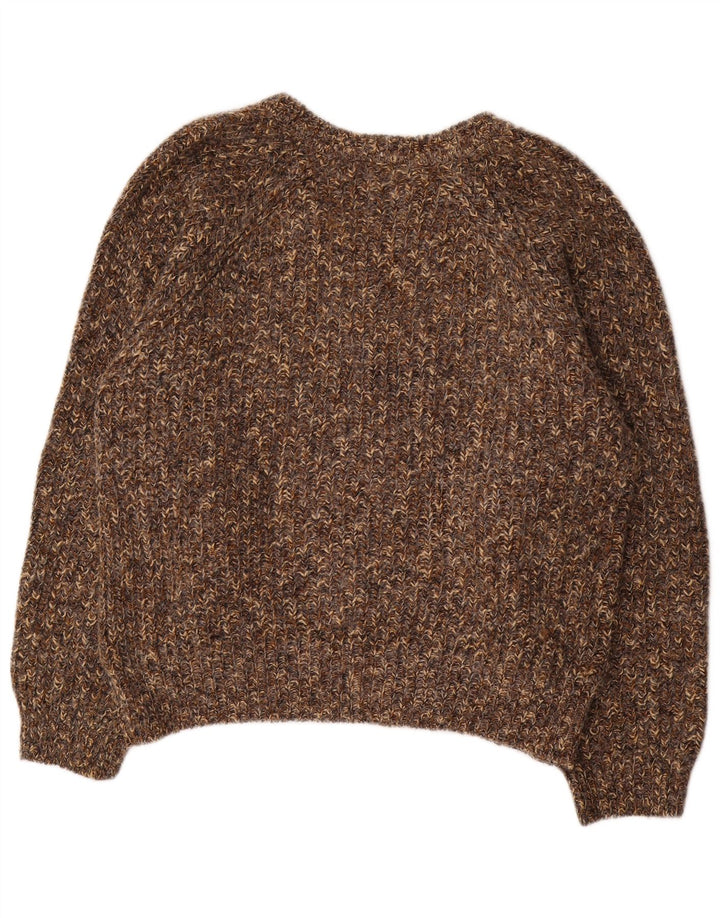 VINTAGE ženski veliki džemper s V-izrezom UK 18 XL Smeđi pjegavi