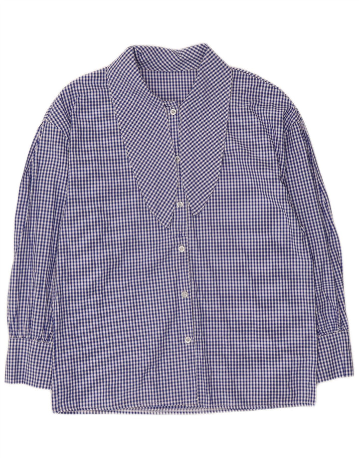Vintage ženska košulja s 3/4 rukavima na prednju kravatu UK 14 Srednje plava gingham