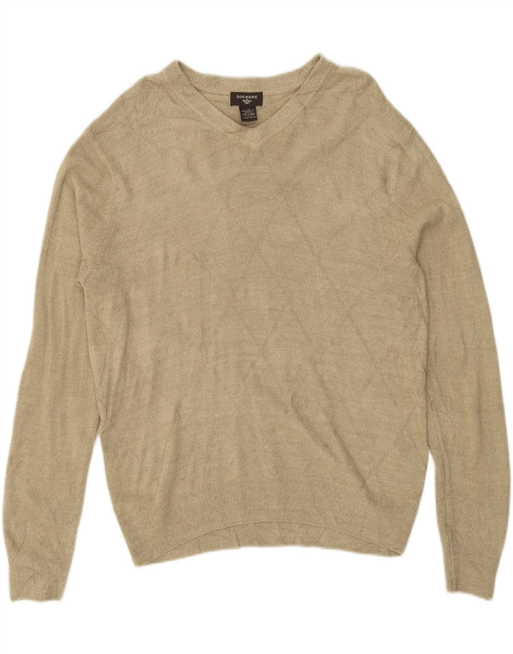 DOCKERS Mens V-Neck Jumper Sweater Large Beige Argyle/Diamond Acrylic Vintage Dockers and Second-Hand Dockers from Messina Hembry 