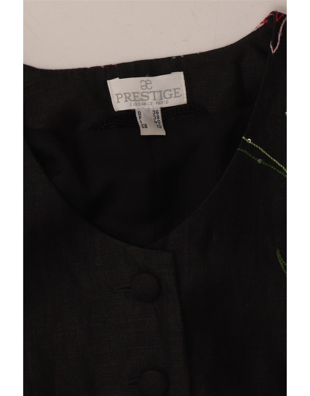 PRESTIGE Womens 3/4 Sleeve 7 button Blazer Jacket UK 10 Small Black Floral Vintage Prestige and Second-Hand Prestige from Messina Hembry 