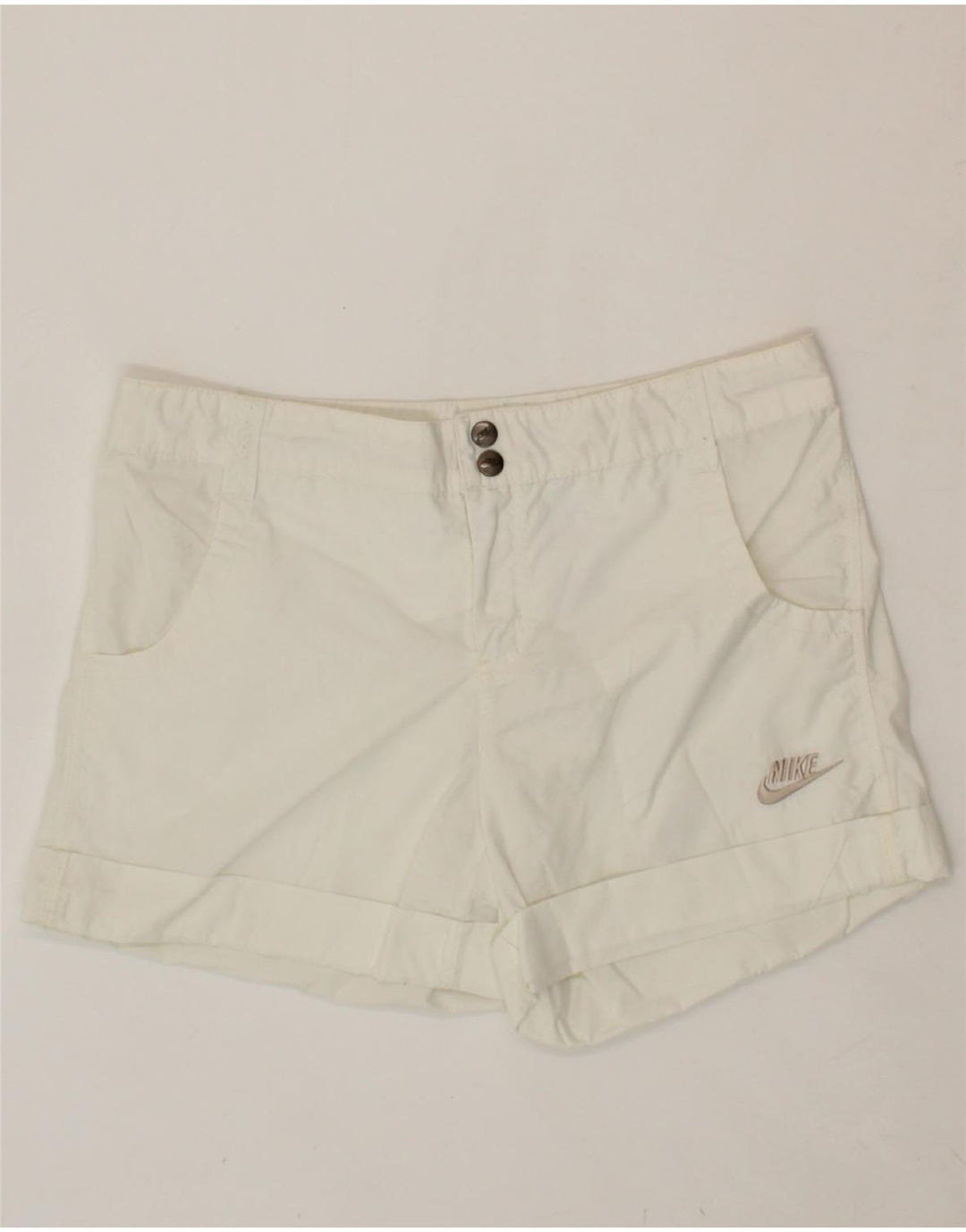 NIKE Womens Casual Shorts UK 10 Small W32 White Polyester Vintage Nike and Second-Hand Nike from Messina Hembry 