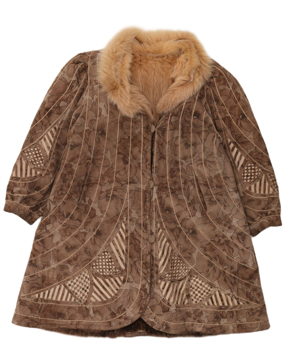 VINTAGE ženski gornji kaput od umjetnog krzna UK 18 XL smeđi cvjetni