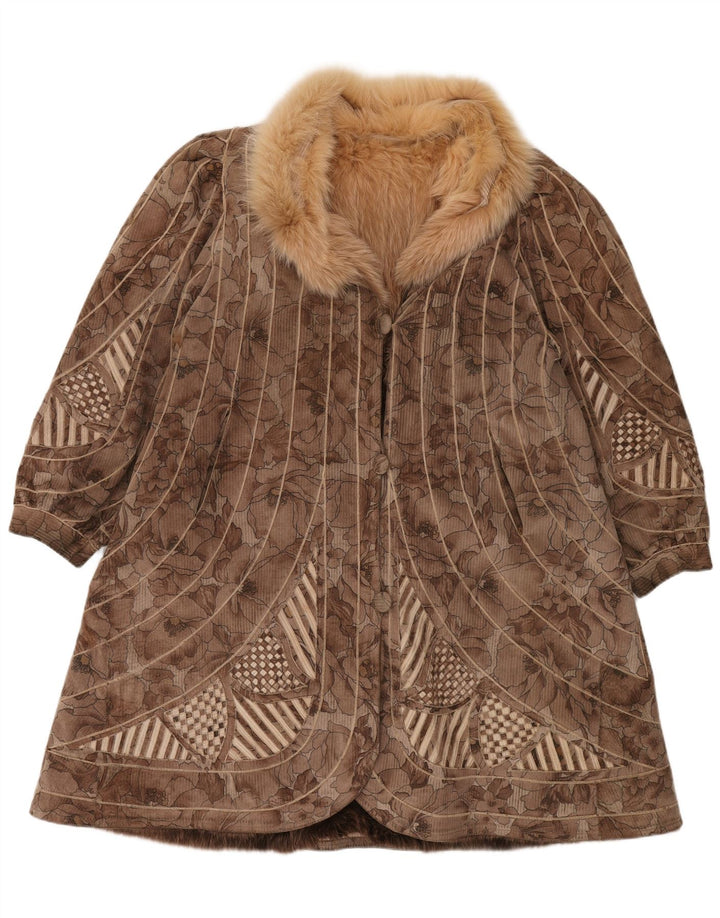 VINTAGE ženski gornji kaput od umjetnog krzna UK 18 XL smeđi cvjetni